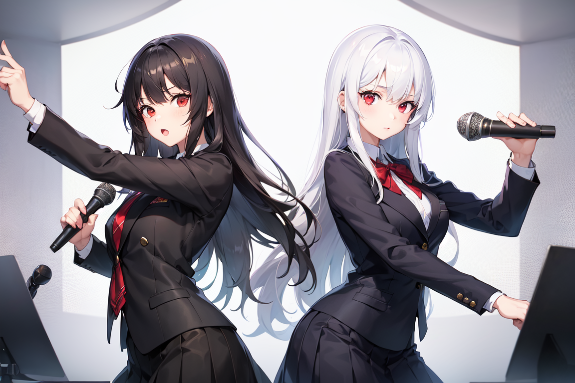 Prompt: 2girls, white hair, black hair, long hair, red eyes, looking at viewer, school uniform, blazer, microphone