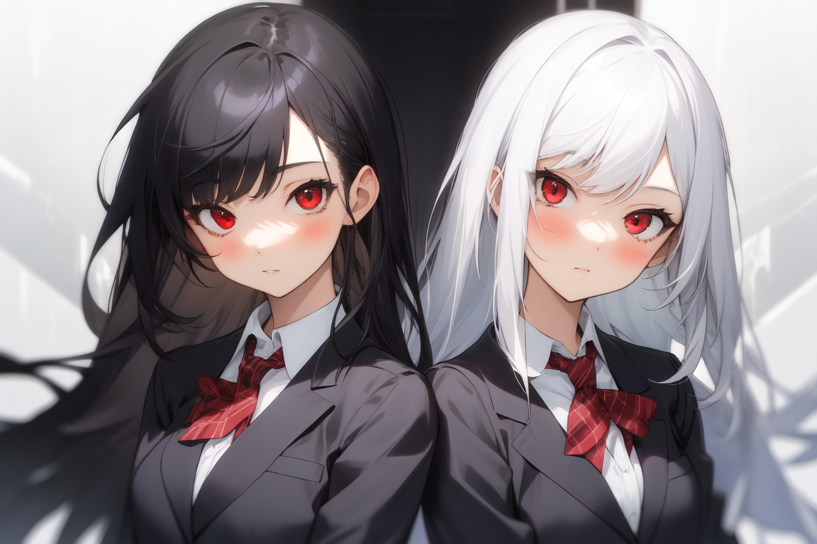 Prompt: 2girls, white hair, black hair, long hair, red eyes, looking at viewer, school uniform, blazer