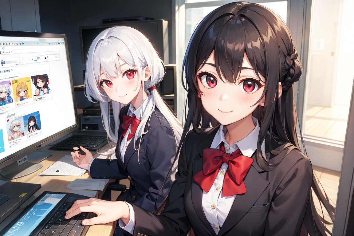 Prompt: 2girls, white hair, black hair, long hair, red eyes, looking at viewer, school uniform, blazer, smiling, computers