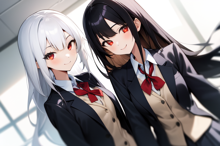 Prompt: 2girls, white hair, black hair, long hair, red eyes, looking at viewer, school uniform, blazer, dutch angle, smiling_0