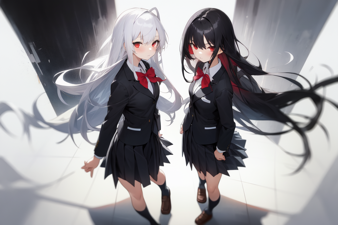 Prompt: 2girls, white hair, black hair, long hair, red eyes, looking at viewer, school uniform, blazer, full body