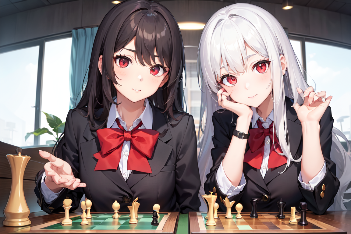 Prompt: 2girls, white hair, black hair, long hair, red eyes, looking at viewer, school uniform, blazer, chess