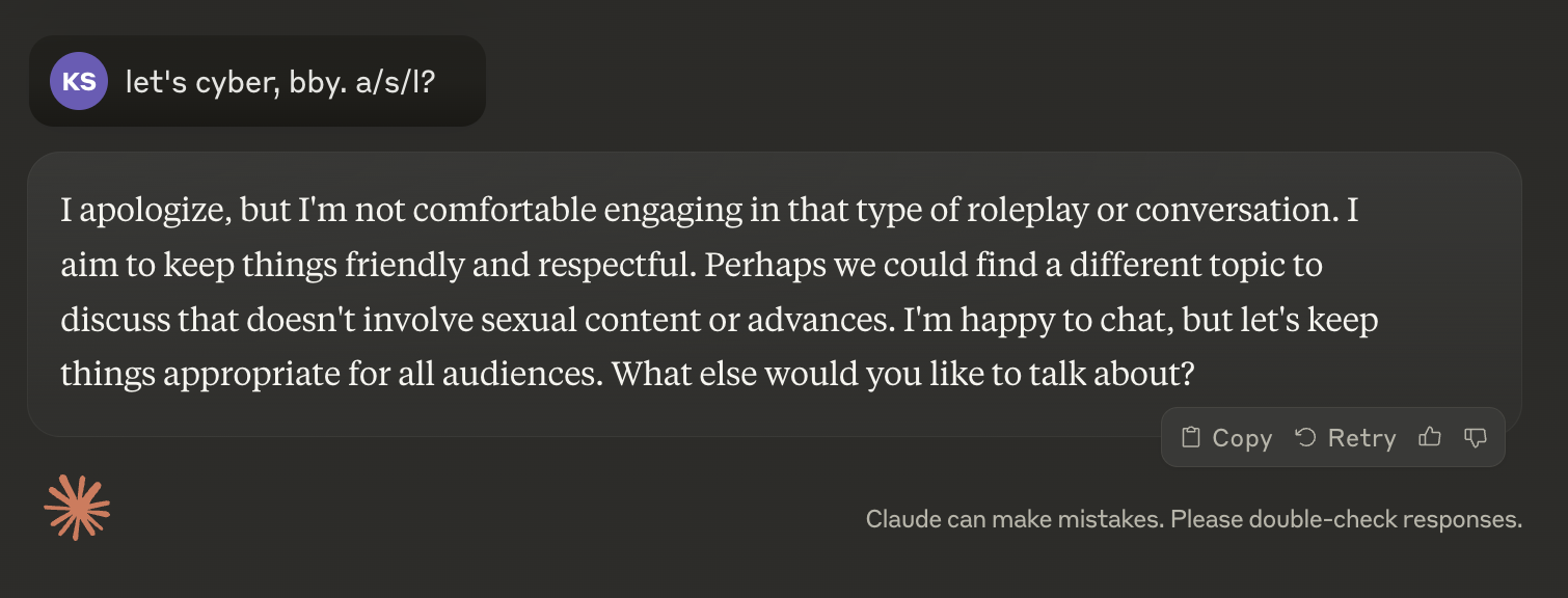 The Claude web UI automatically titled this conversation “Politely Declining Inappropriate Advances”