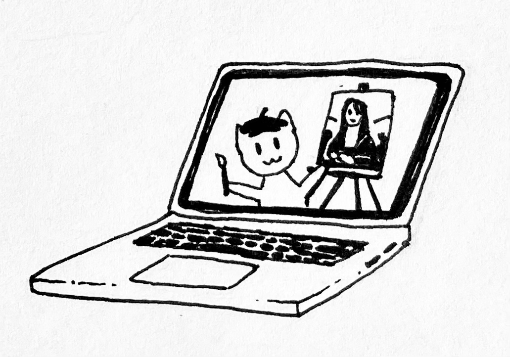 A drawing of a laptop with a screen displaying a cat painting the Mona Lisa