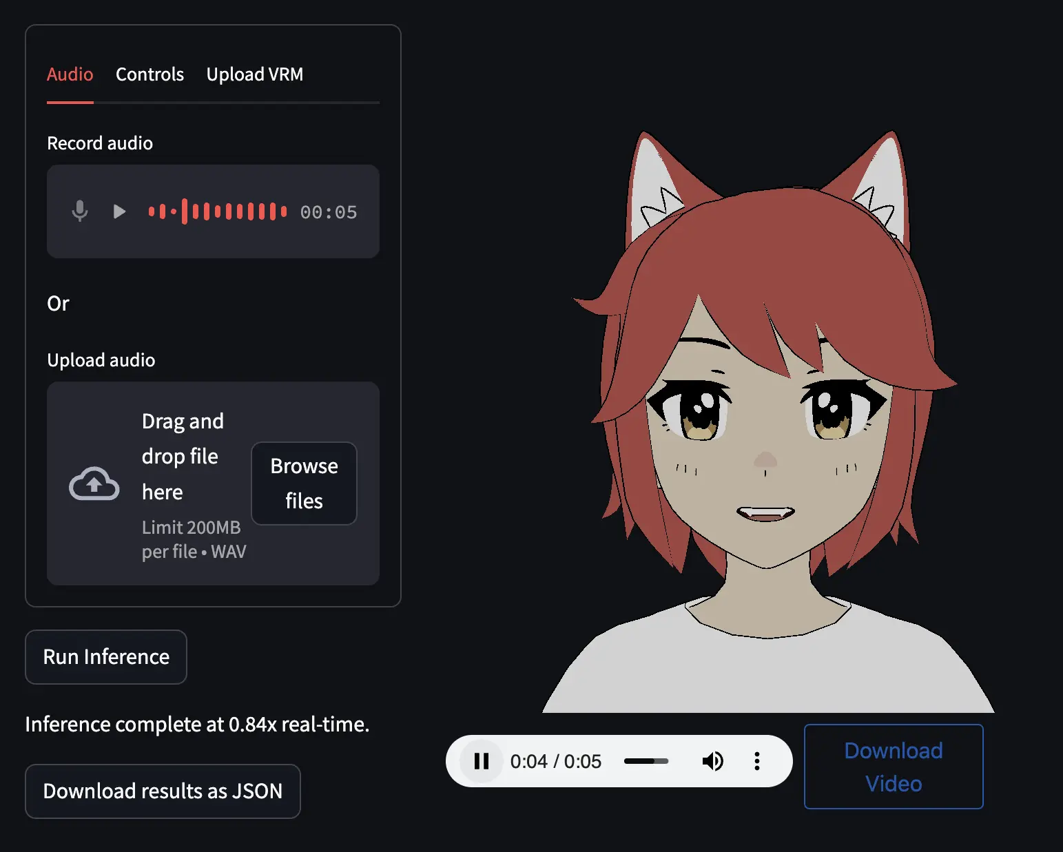 A screenshot of the Huggingface demo of the voice2motion network