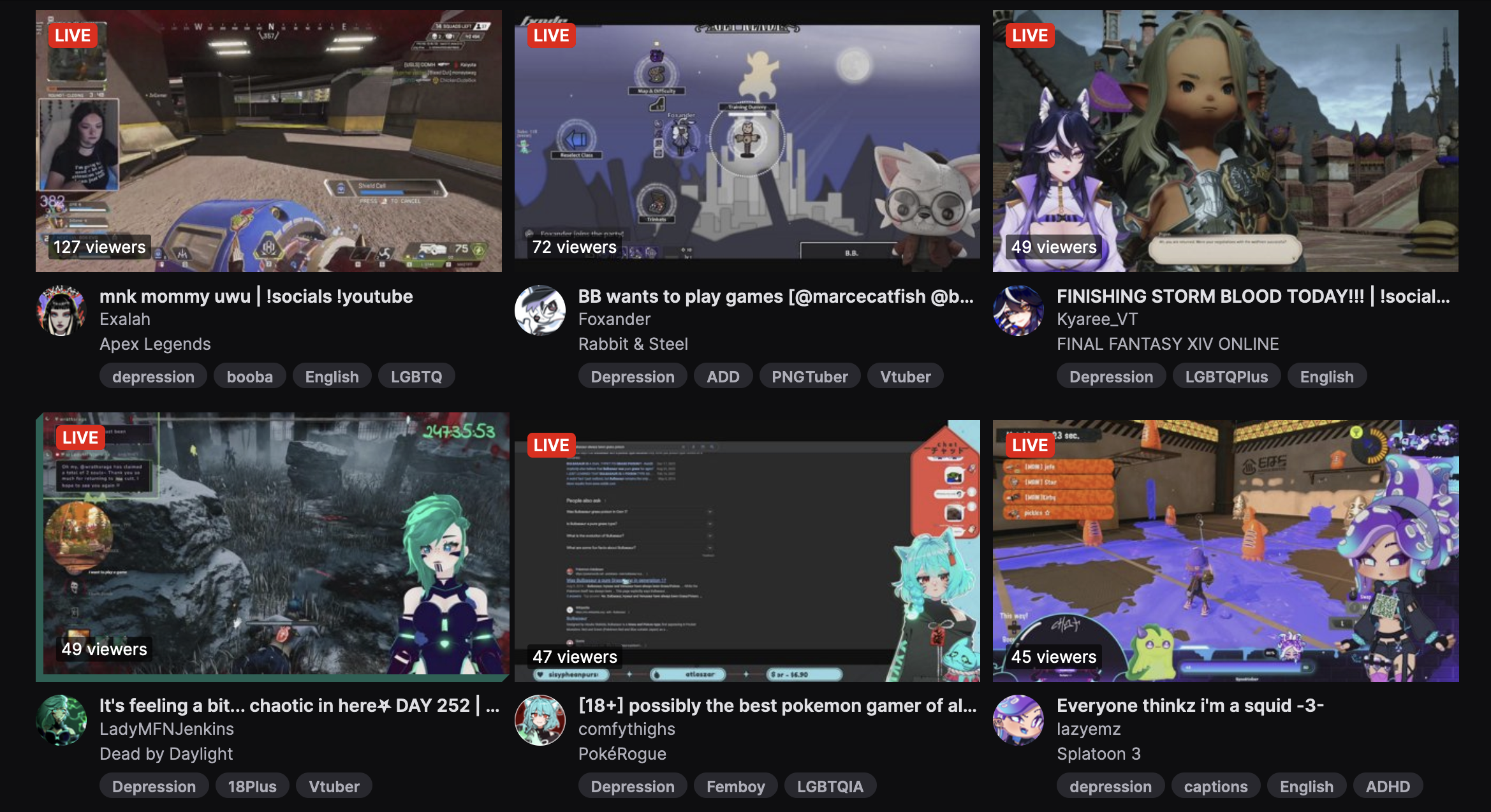 A small selection of Twitch channels tagged “depression”