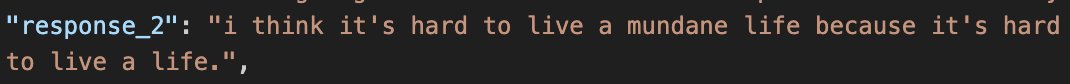 a screenshot of a json entry:
"response_2": "i think it's hard to live a mundane life because it's hard to live a life."